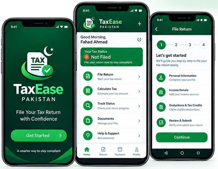 TaxEase Android app: welcome screen, tax status dashboard and guided return filing